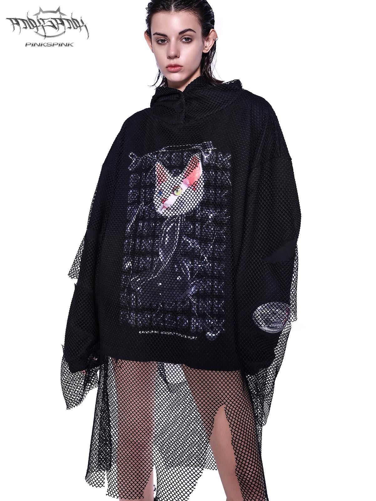 PINKSPINK Black Cat Ear Hooded Mesh Layered German Cat Print Patchwork Women's Sweatshirts