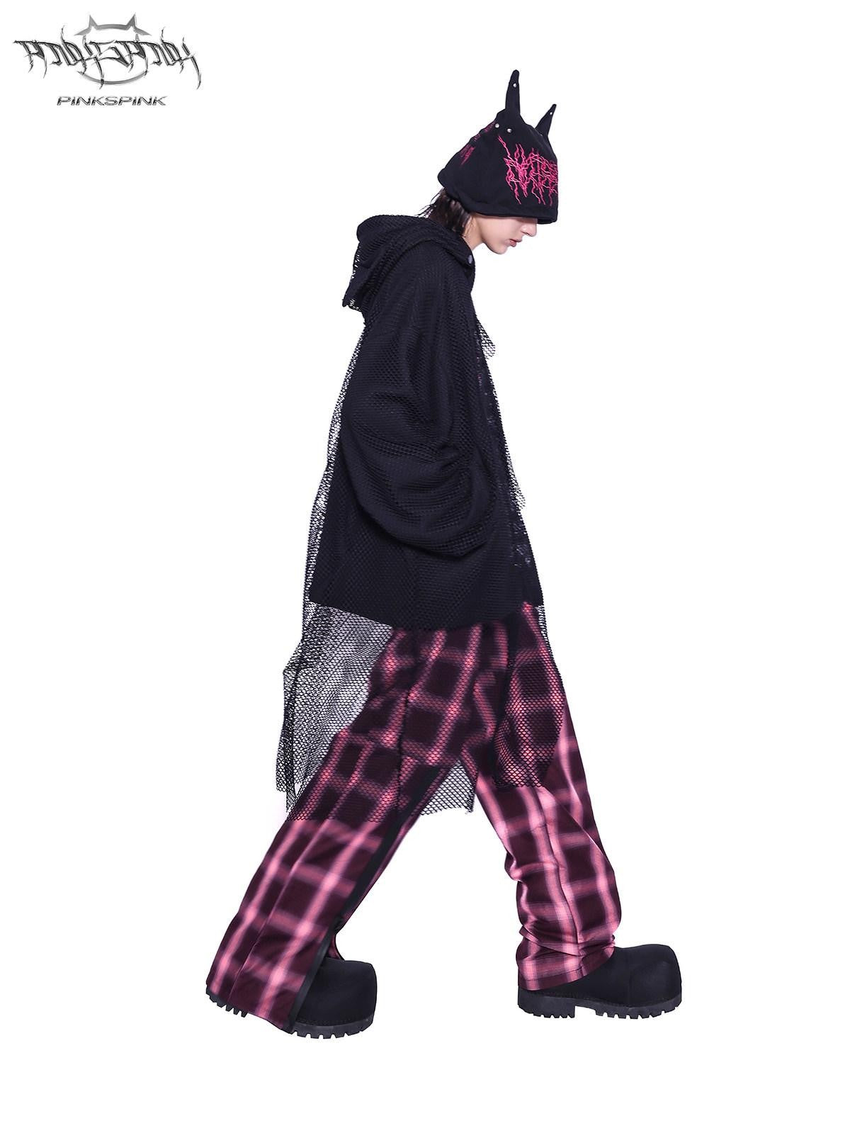 PINKSPINK Black Cat Ear Hooded Mesh Layered German Cat Print Patchwork Women's Sweatshirts