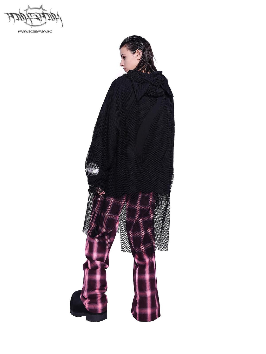 PINKSPINK Black Cat Ear Hooded Mesh Layered German Cat Print Patchwork Women's Sweatshirts