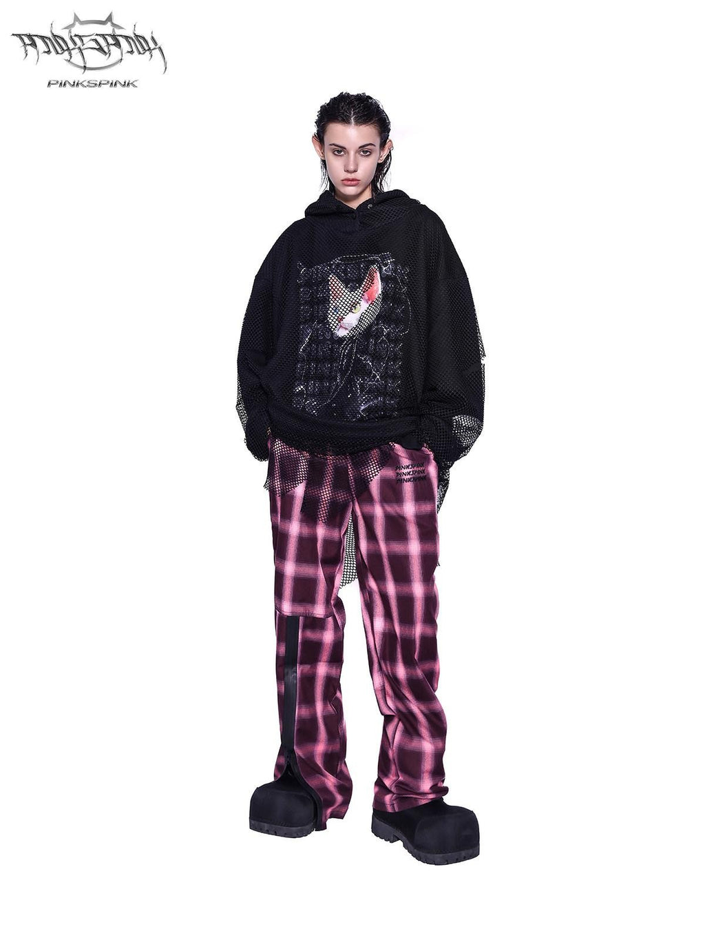 PINKSPINK Black Cat Ear Hooded Mesh Layered German Cat Print Patchwork Women's Sweatshirts