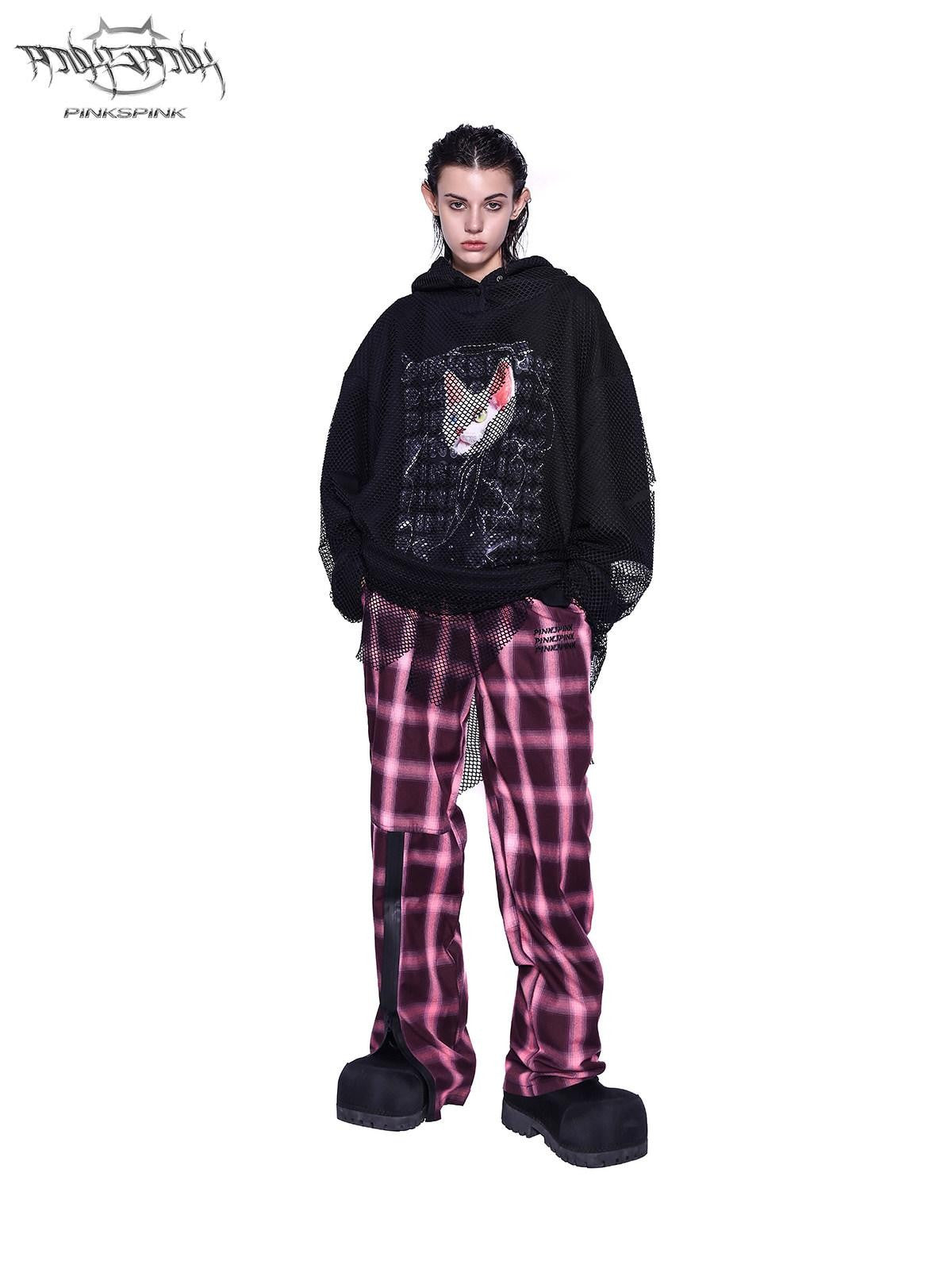 PINKSPINK Black Cat Ear Hooded Mesh Layered German Cat Print Patchwork Women's Sweatshirts