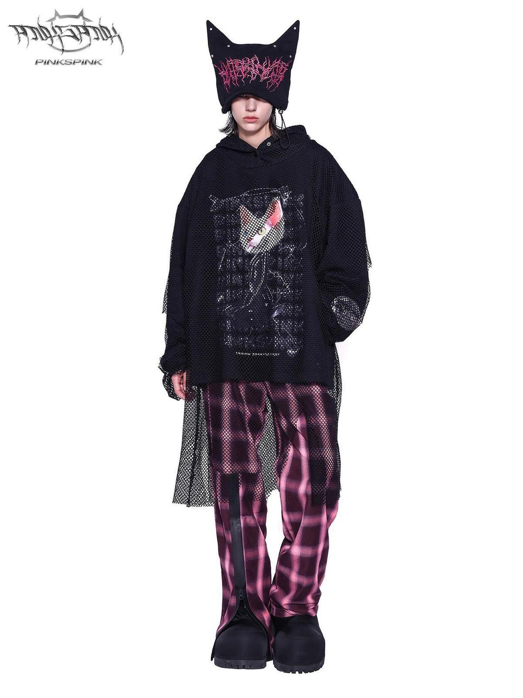 PINKSPINK Black Cat Ear Hooded Mesh Layered German Cat Print Patchwork Women's Sweatshirts