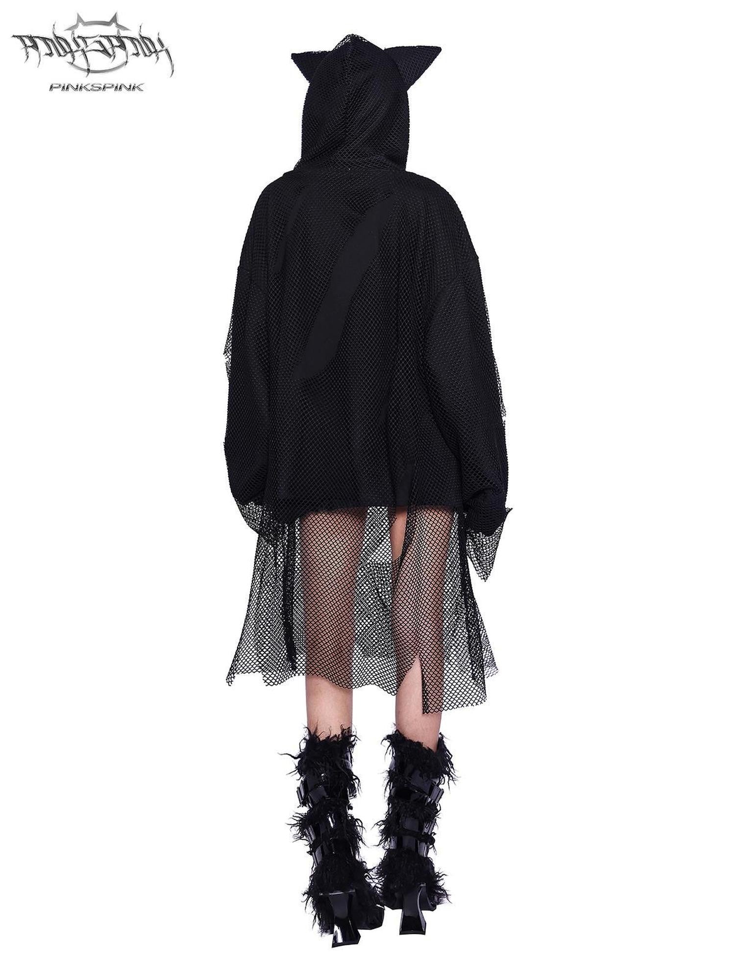PINKSPINK Black Cat Ear Hooded Mesh Layered German Cat Print Patchwork Women's Sweatshirts