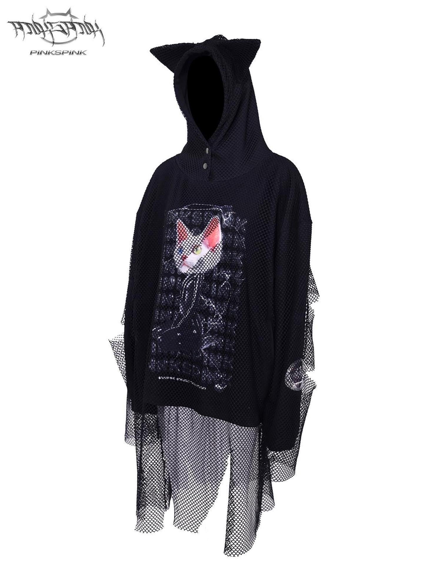 PINKSPINK Black Cat Ear Hooded Mesh Layered German Cat Print Patchwork Women's Sweatshirts