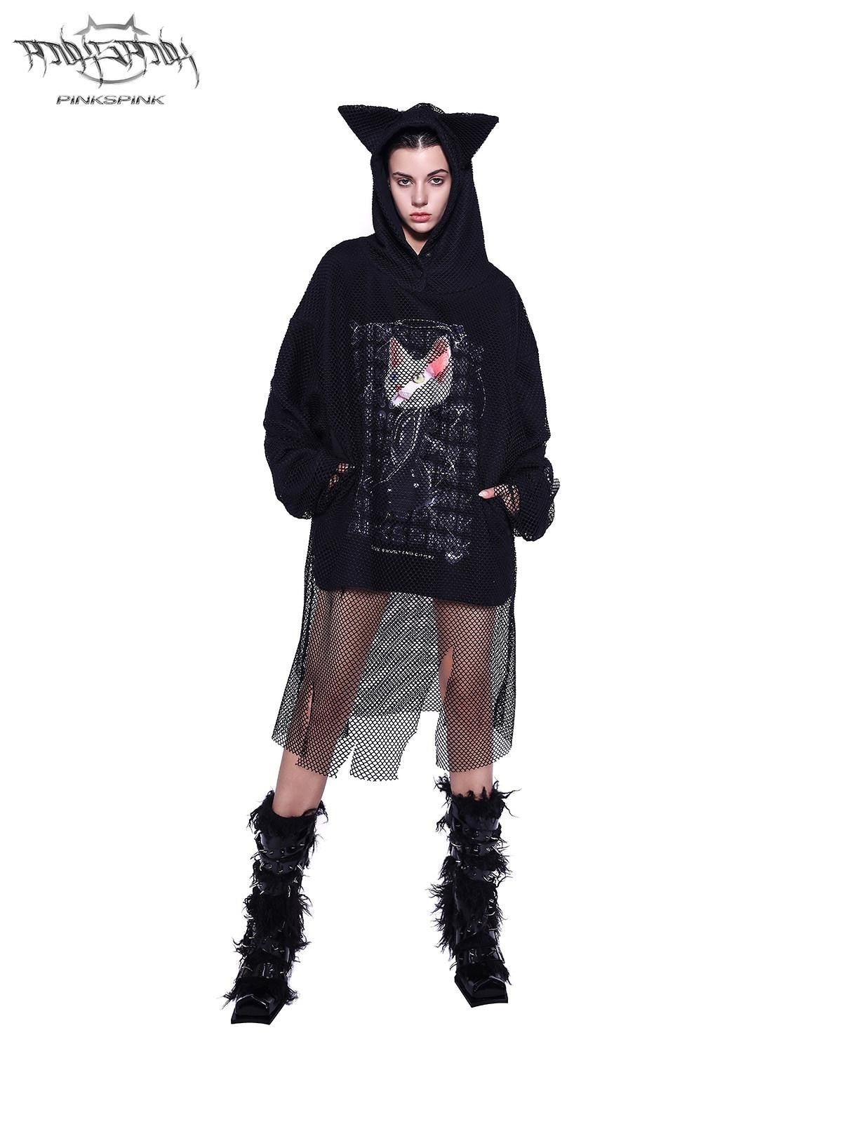PINKSPINK Black Cat Ear Hooded Mesh Layered German Cat Print Patchwork Women's Sweatshirts