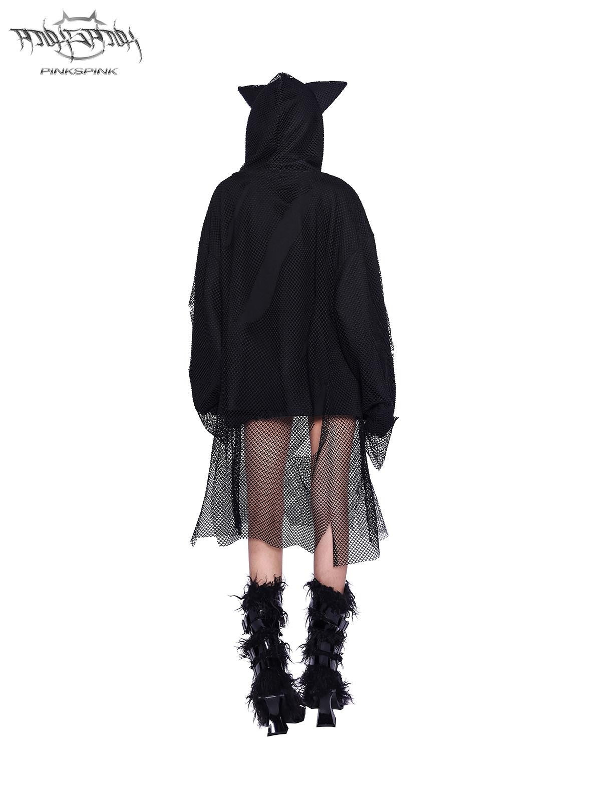PINKSPINK Black Cat Ear Hooded Mesh Layered German Cat Print Patchwork Women's Sweatshirts