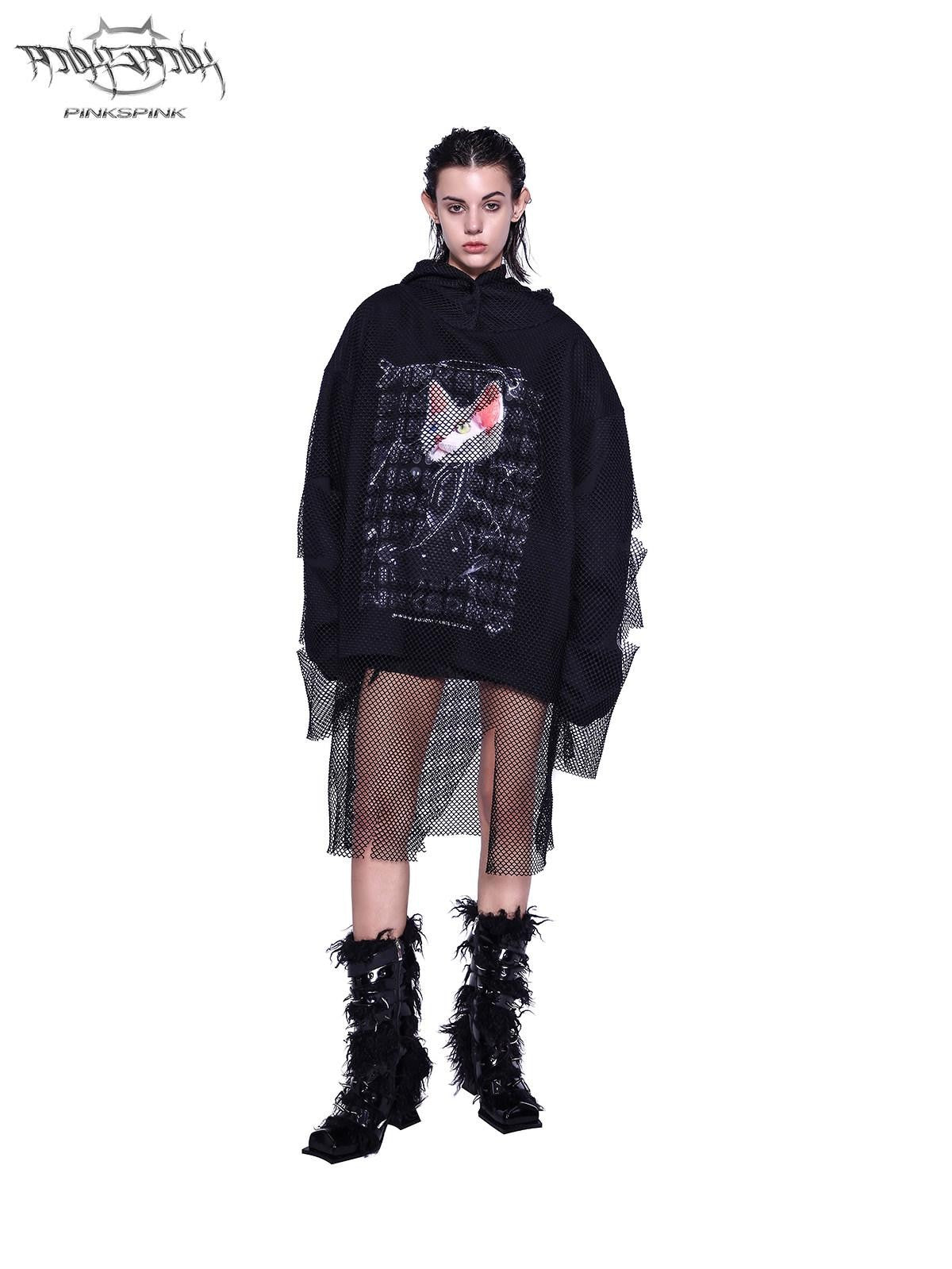 PINKSPINK Black Cat Ear Hooded Mesh Layered German Cat Print Patchwork Women's Sweatshirts