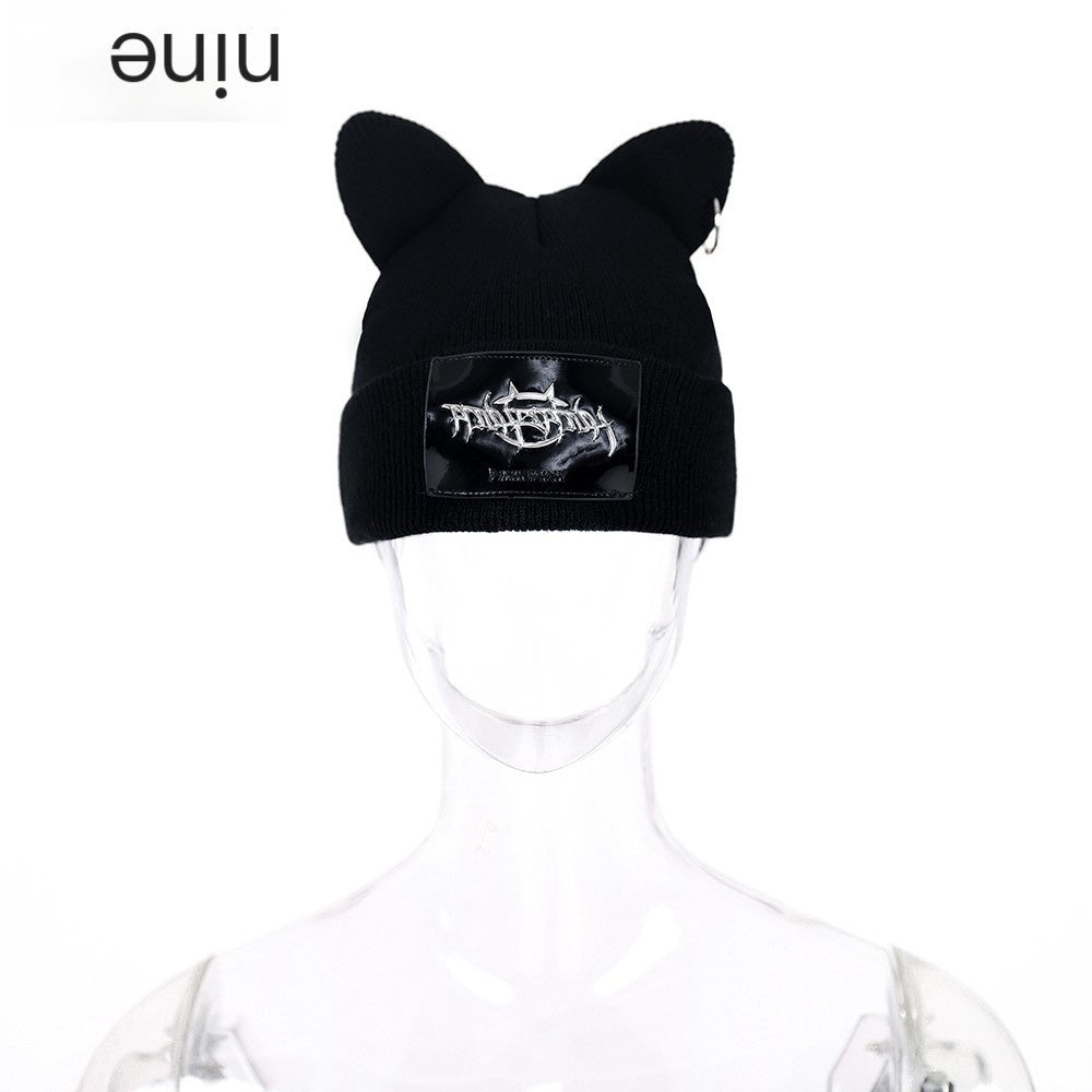 PINKSPINK_Black_Cat_Ear_Punk_Ring_Letter_Street_Women's_Cotton_Knit_Beanies_669661890017_MISSTT
