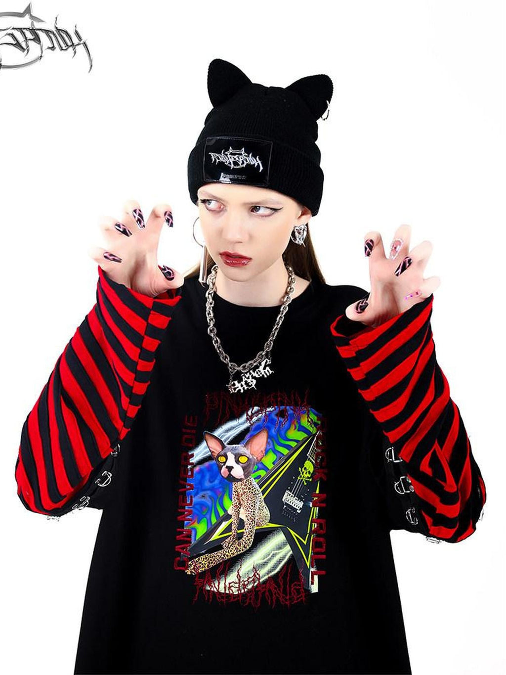 PINKSPINK Black Cat Ear Punk Ring Letter Street Women's Cotton Knit Beanies