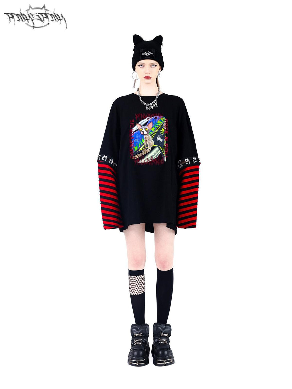 PINKSPINK Black Cat Ear Punk Ring Letter Street Women's Cotton Knit Beanies