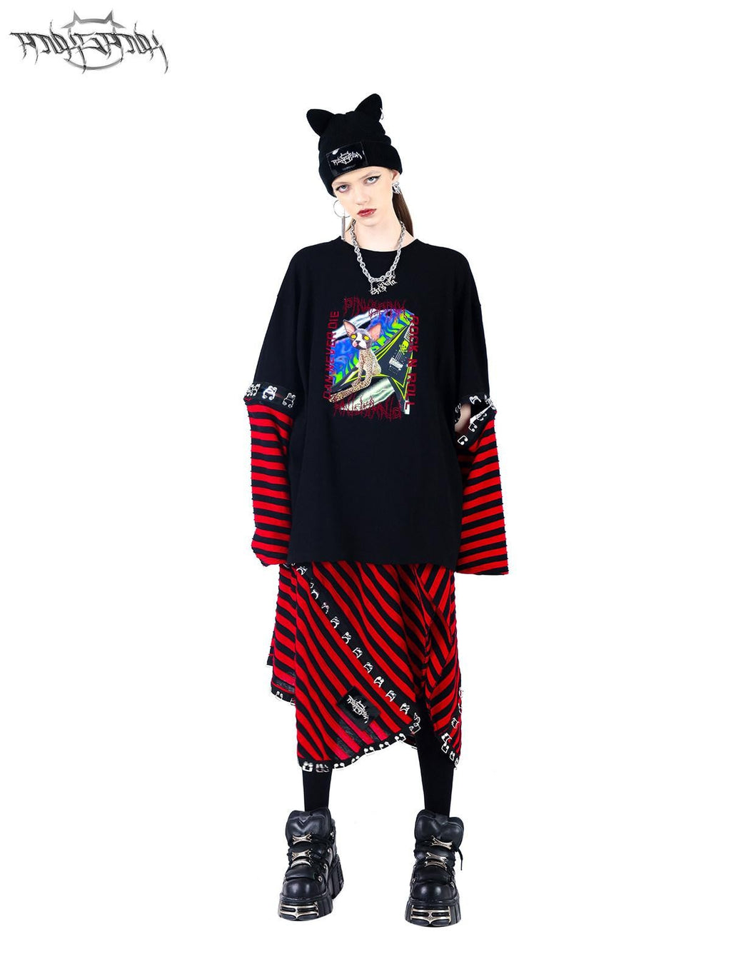 PINKSPINK Black Cat Ear Punk Ring Letter Street Women's Cotton Knit Beanies