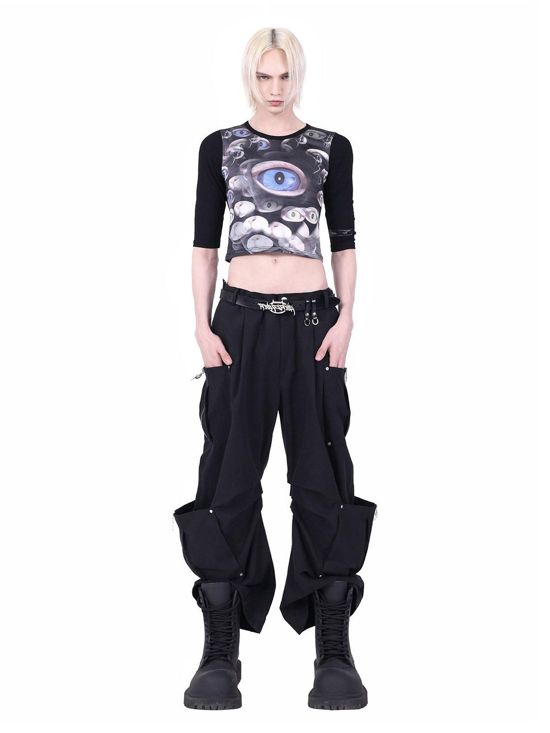PINKSPINK Black Cat Eye Text Print Raglan Slim Fit Women's Polyester Crop Tops