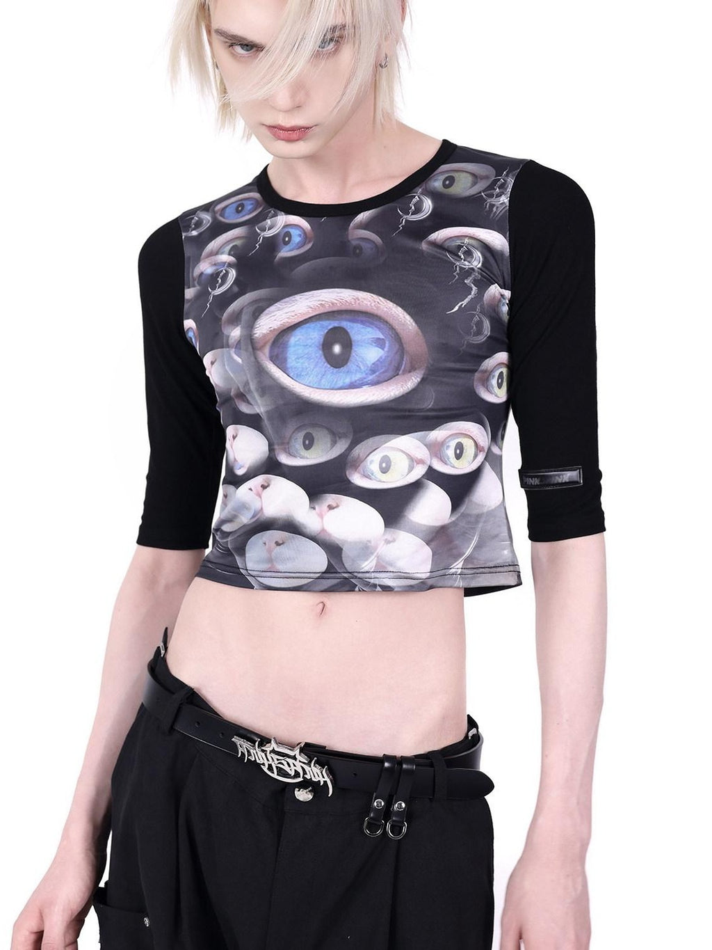 PINKSPINK Black Cat Eye Text Print Raglan Slim Fit Women's Polyester Crop Tops