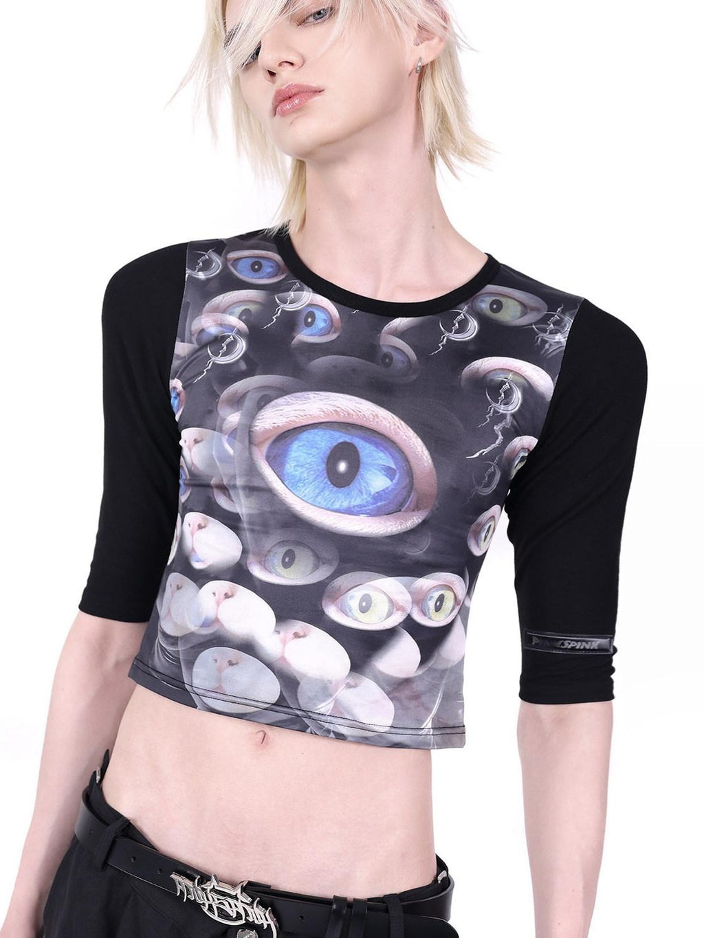 PINKSPINK Black Cat Eye Text Print Raglan Slim Fit Women's Polyester Crop Tops