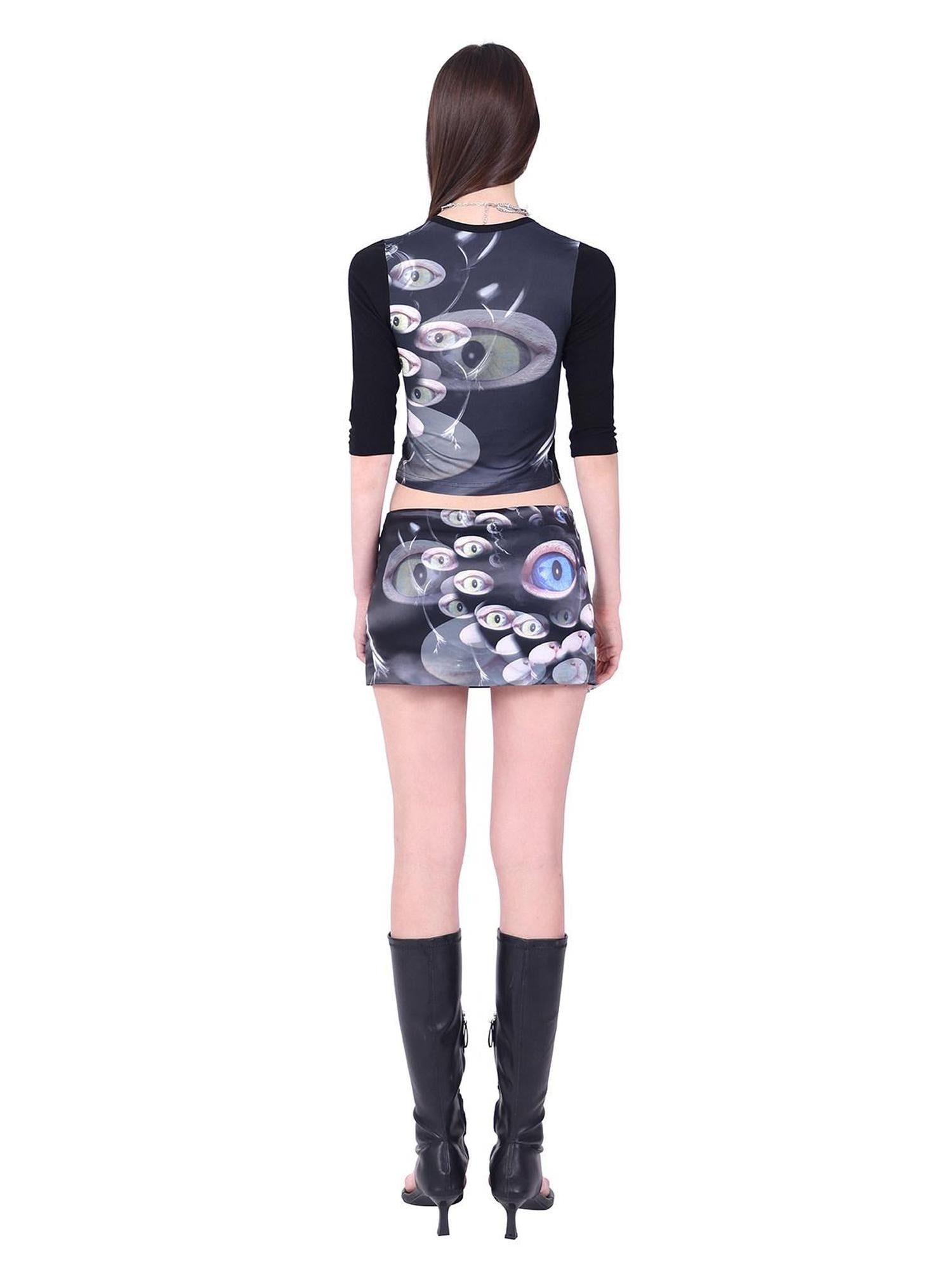 PINKSPINK Black Cat Eye Text Print Raglan Slim Fit Women's Polyester Crop Tops