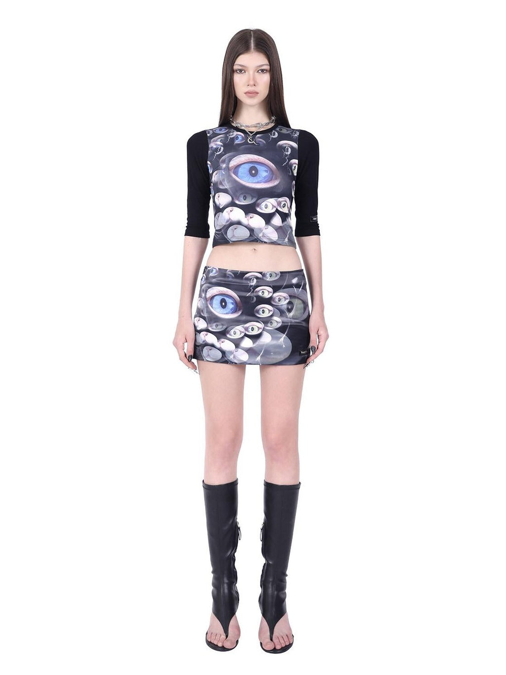 PINKSPINK Black Cat Eye Text Print Raglan Slim Fit Women's Polyester Crop Tops