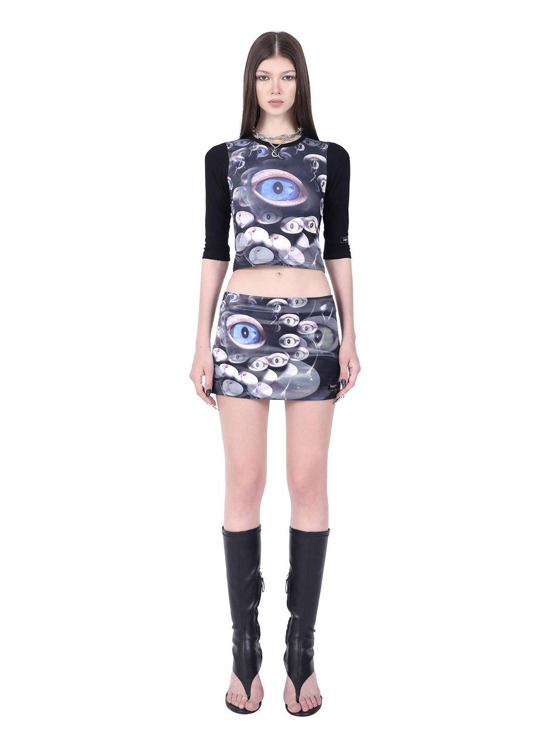 PINKSPINK Black Cat Eye Text Print Raglan Slim Fit Women's Polyester Crop Tops