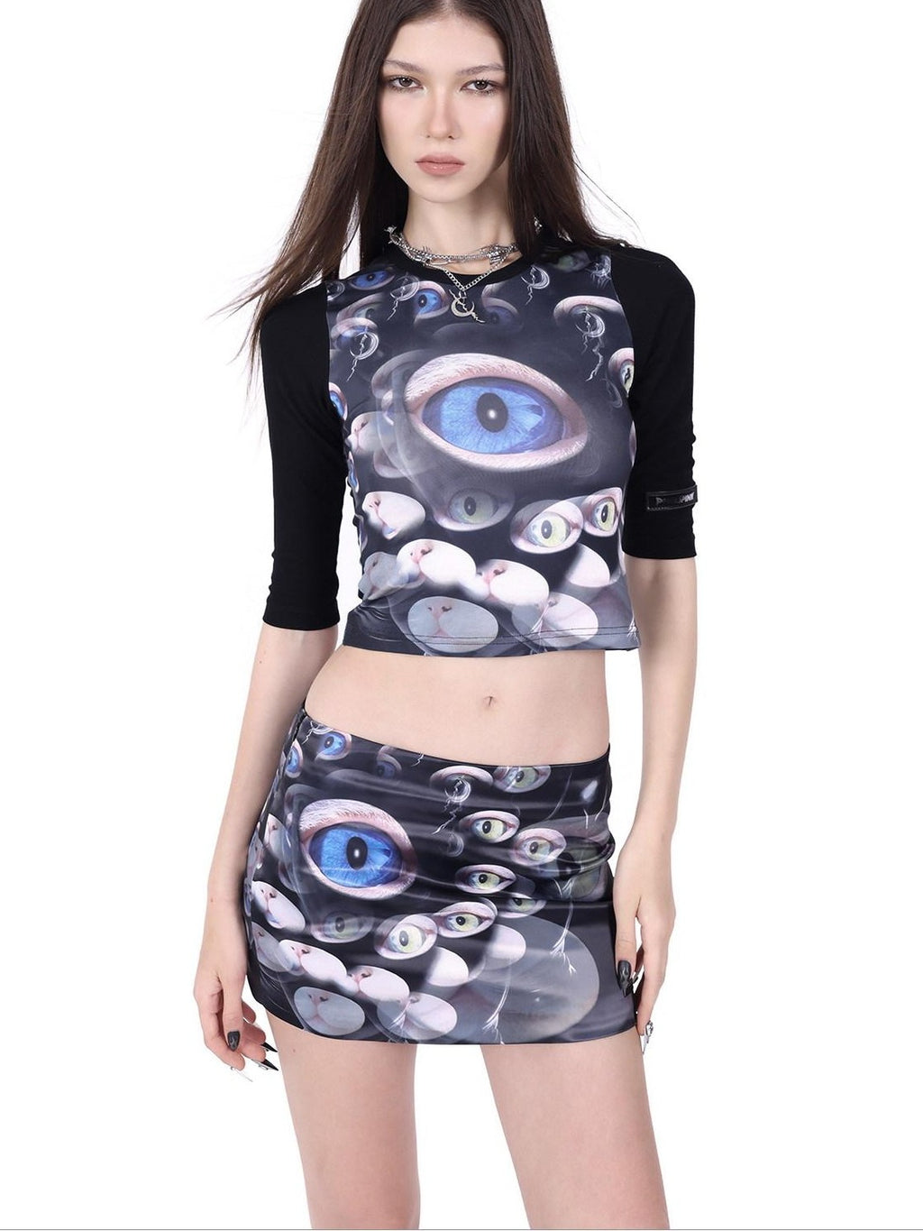 PINKSPINK Black Cat Eye Text Print Raglan Slim Fit Women's Polyester Crop Tops