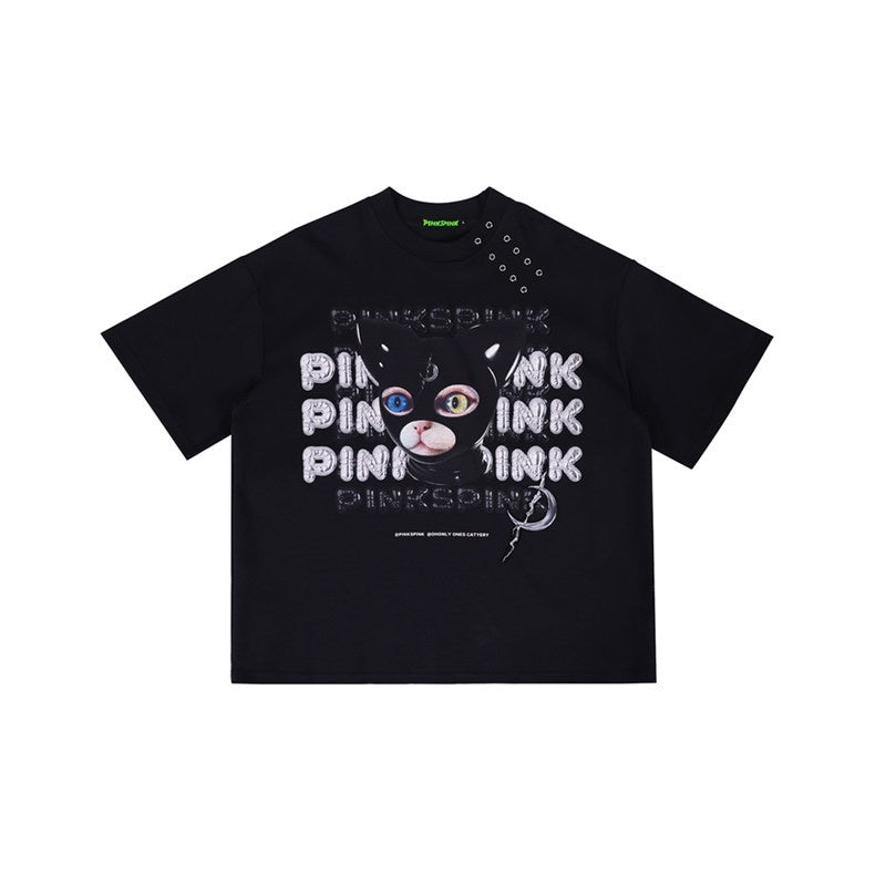PINKSPINK_Black_Cat_Head_German_Text_Mesh_Print_Women's_Short_Sleeve_T-shirts_801213144130_MISSTT