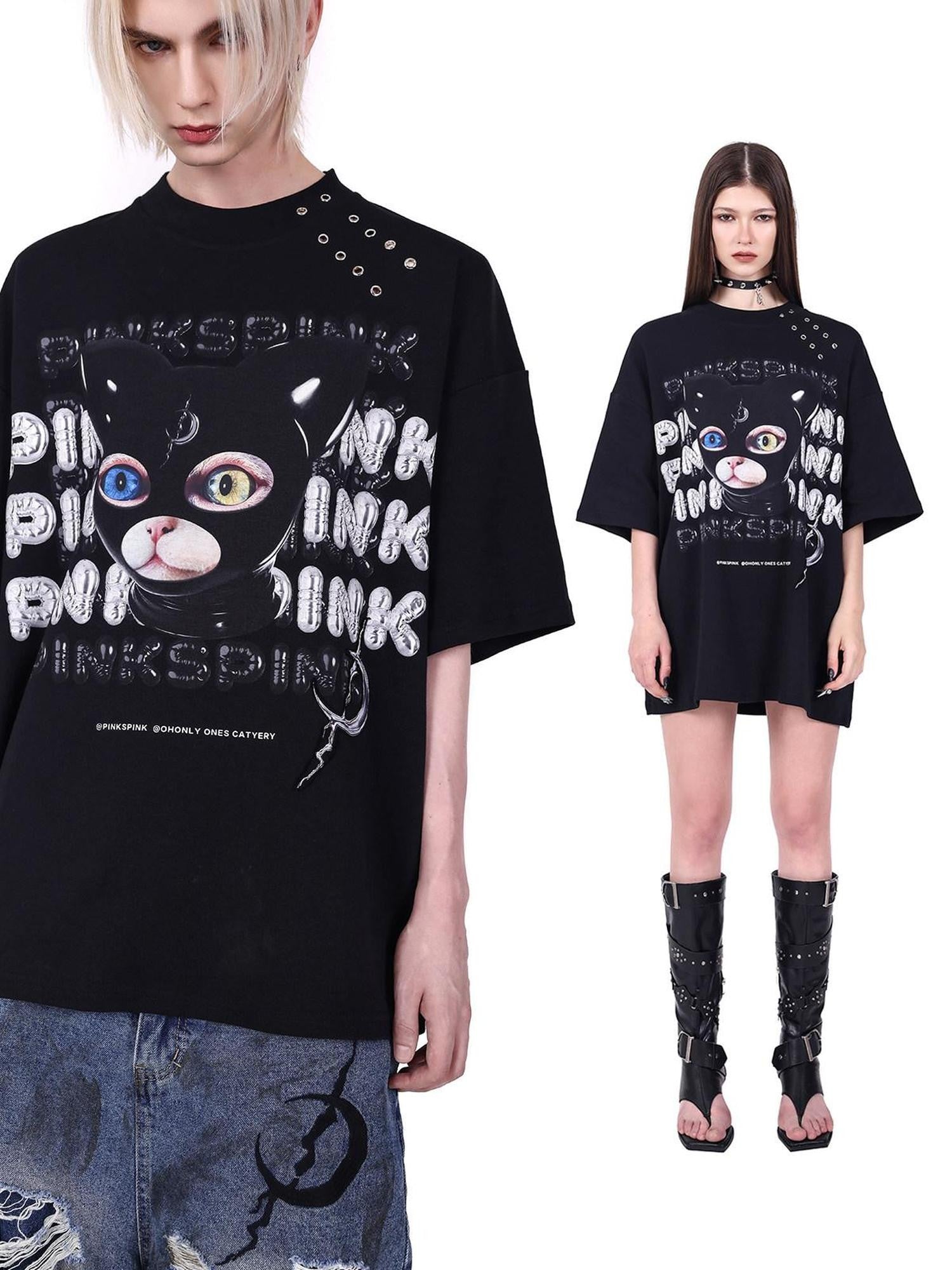 PINKSPINK Black Cat Head German Text Mesh Print Women's Short Sleeve T-shirts