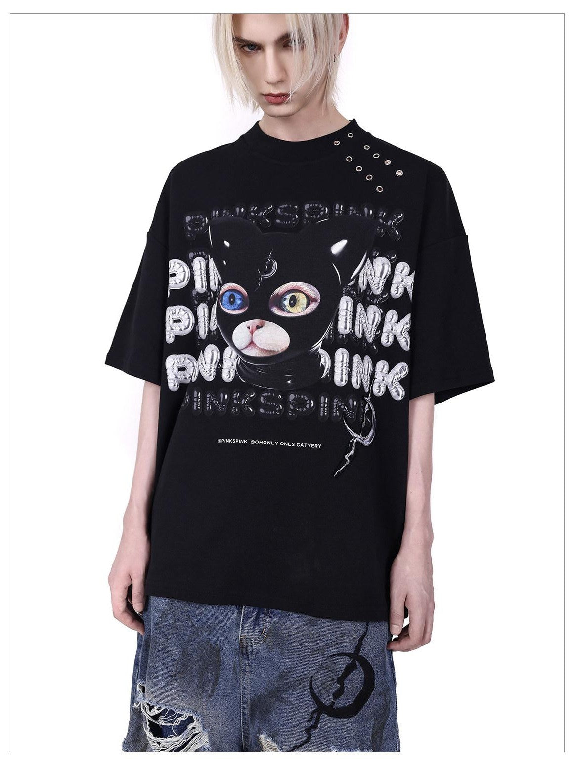 PINKSPINK Black Cat Head German Text Mesh Print Women's Short Sleeve T-shirts