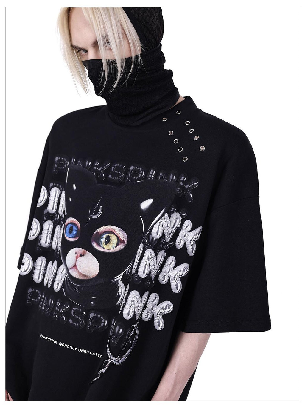 PINKSPINK Black Cat Head German Text Mesh Print Women's Short Sleeve T-shirts