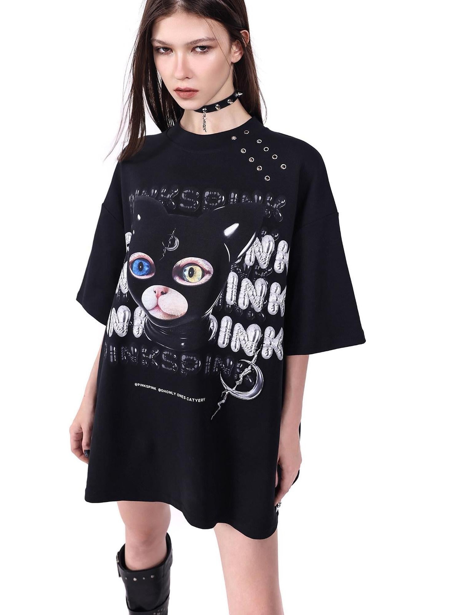 PINKSPINK Black Cat Head German Text Mesh Print Women's Short Sleeve T-shirts