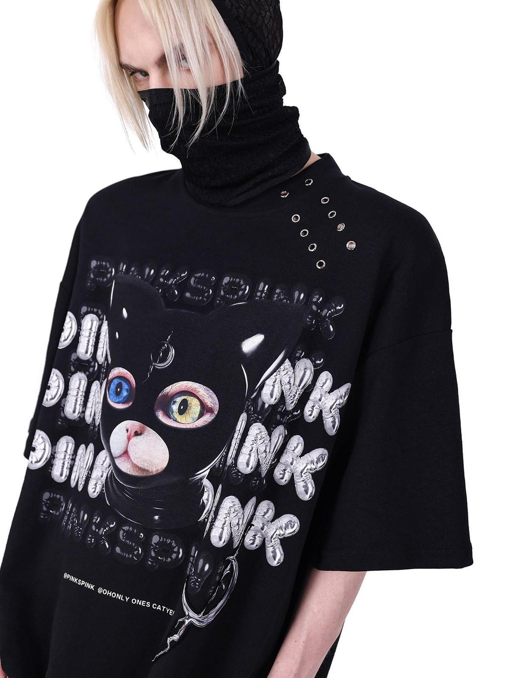 PINKSPINK Black Cat Head German Text Mesh Print Women's Short Sleeve T-shirts
