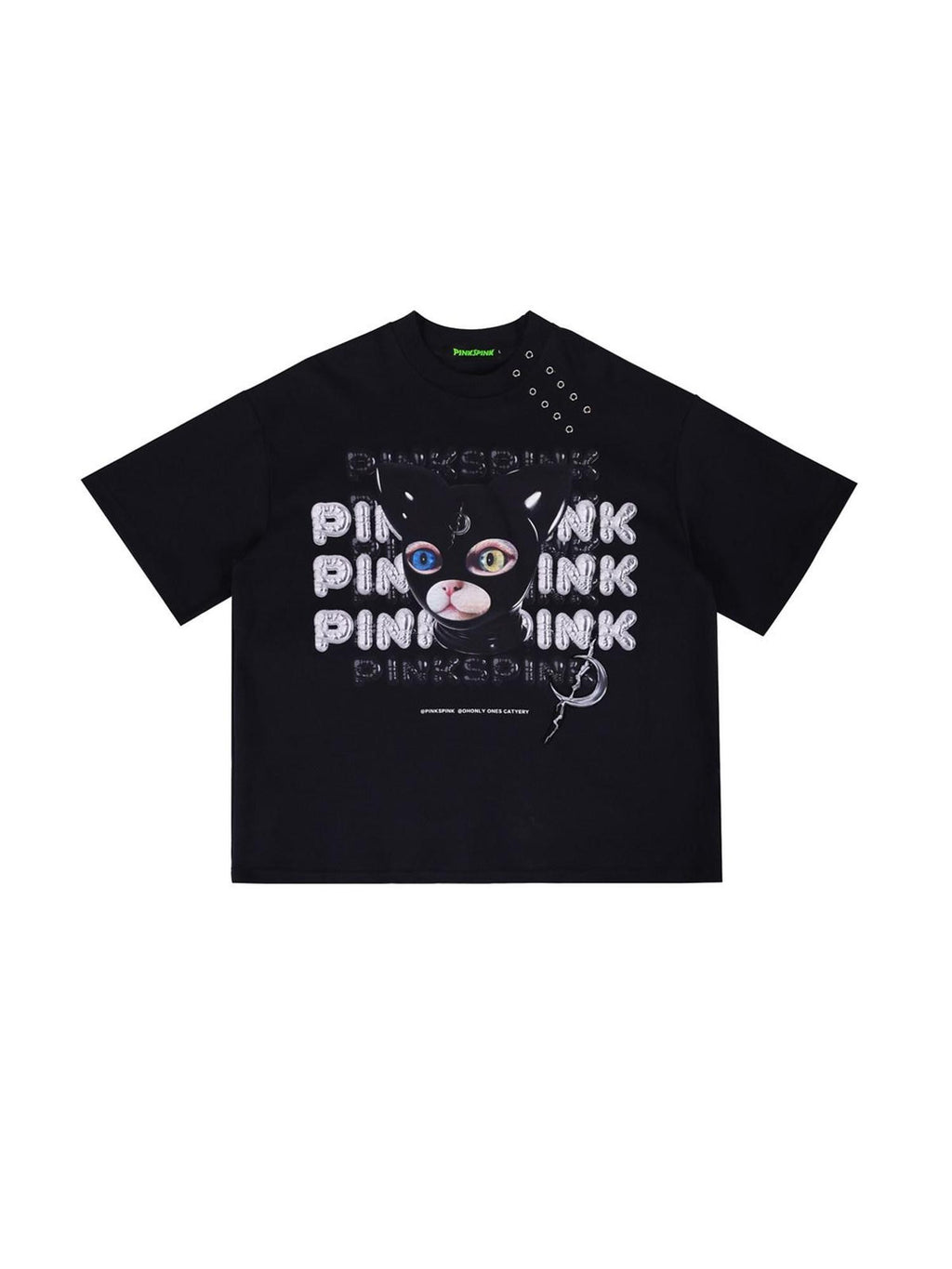 PINKSPINK Black Cat Head German Text Mesh Print Women's Short Sleeve T-shirts