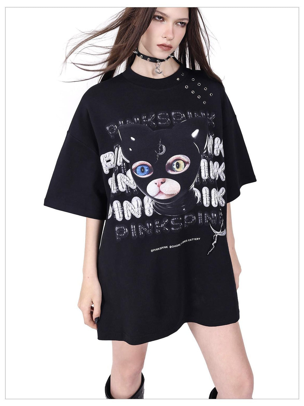 PINKSPINK Black Cat Head German Text Mesh Print Women's Short Sleeve T-shirts