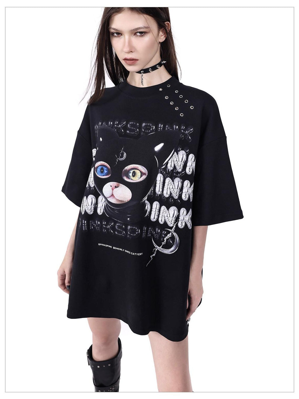 PINKSPINK Black Cat Head German Text Mesh Print Women's Short Sleeve T-shirts
