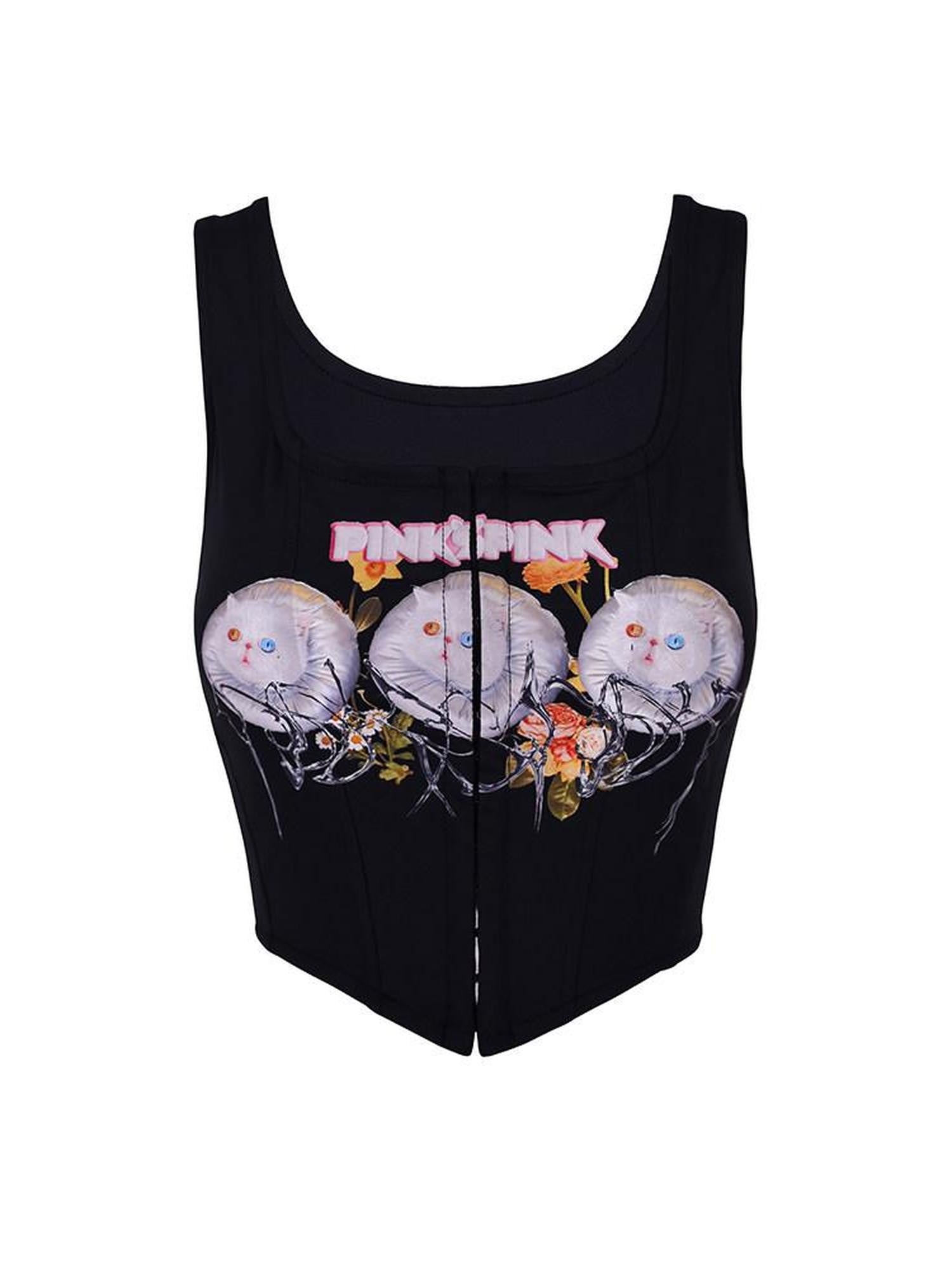 PINKSPINK Black Cropped Hand Drawn Garfield Print Structured Women's Tank Tops