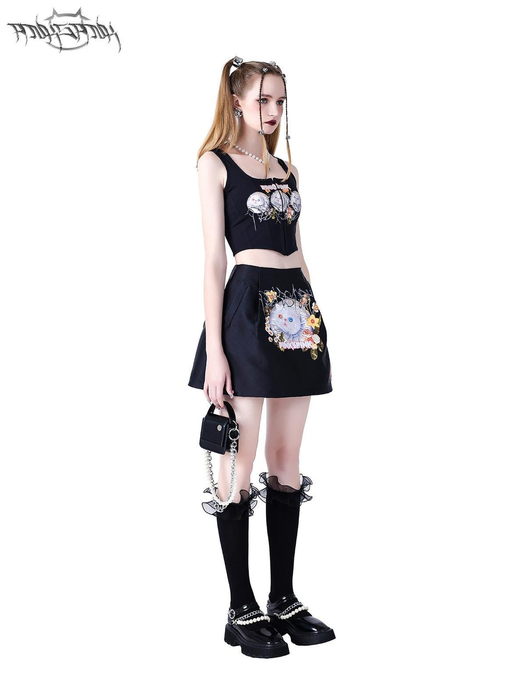 PINKSPINK Black Cropped Hand Drawn Garfield Print Structured Women's Tank Tops