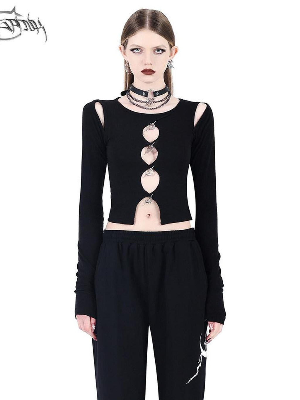 PINKSPINK Black Cutout Pendant Buttoned Cropped Women's Acrylic Long Sleeve T-shirts