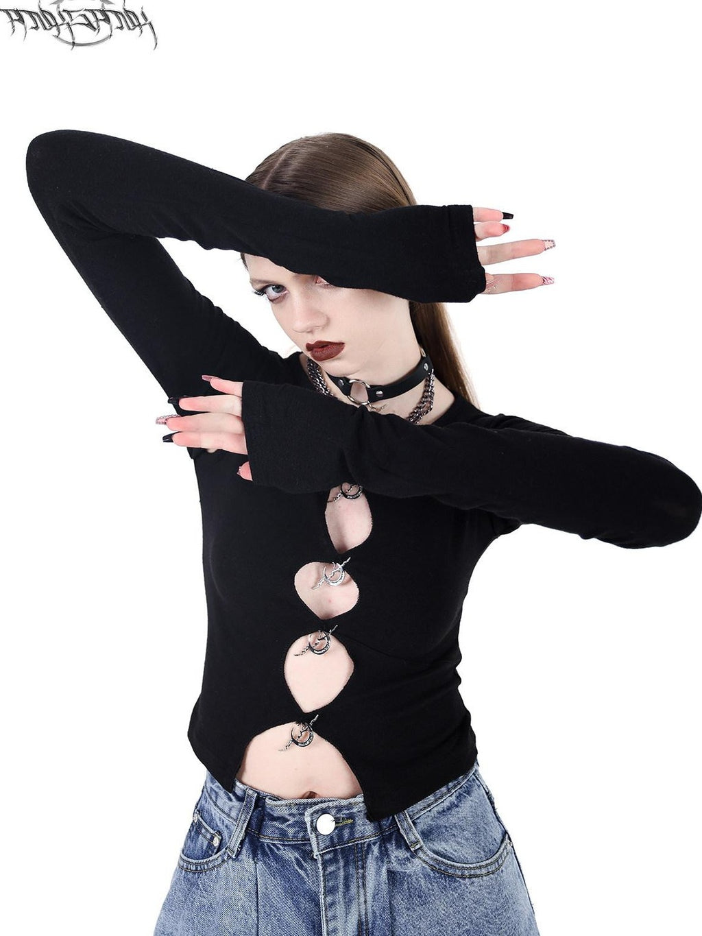 PINKSPINK Black Cutout Pendant Buttoned Cropped Women's Acrylic Long Sleeve T-shirts
