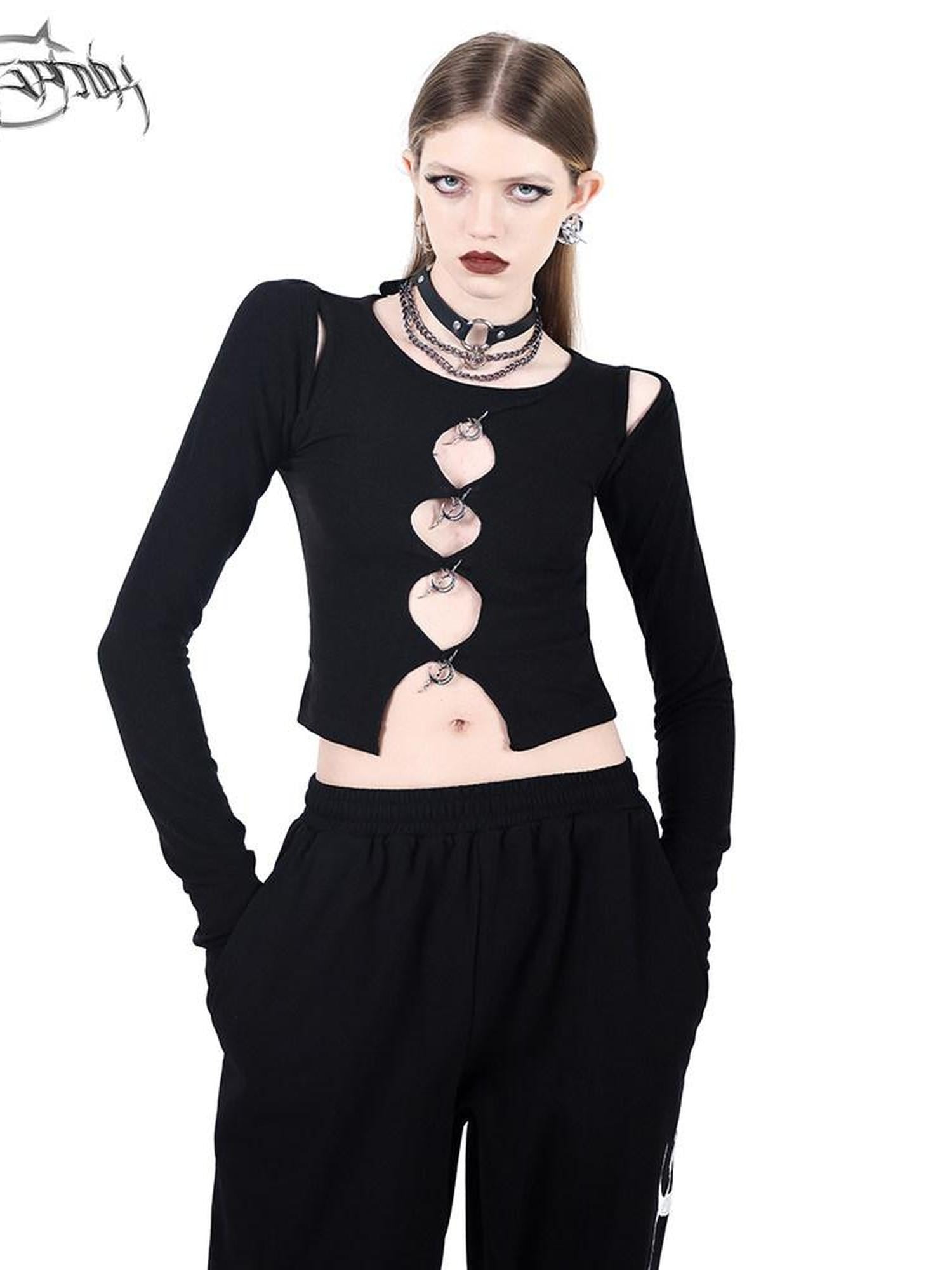 PINKSPINK Black Cutout Pendant Buttoned Cropped Women's Acrylic Long Sleeve T-shirts