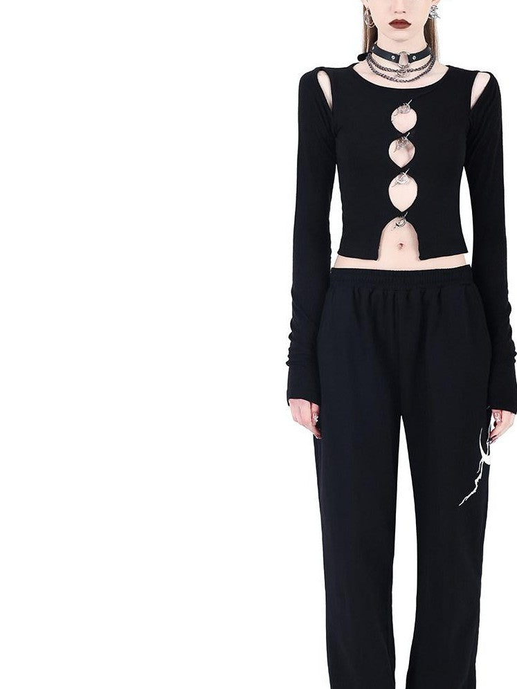 PINKSPINK Black Cutout Pendant Buttoned Cropped Women's Acrylic Long Sleeve T-shirts
