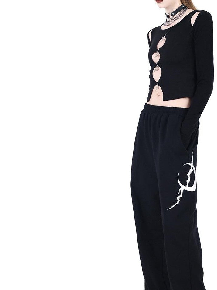 PINKSPINK Black Cutout Pendant Buttoned Cropped Women's Acrylic Long Sleeve T-shirts