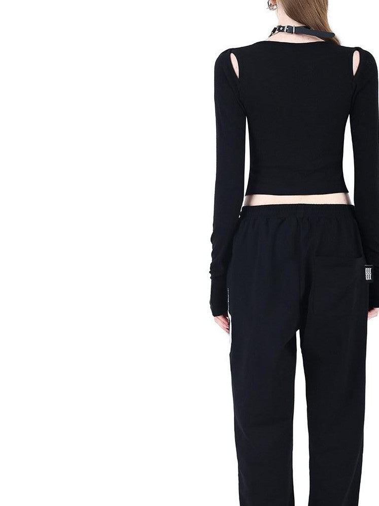 PINKSPINK Black Cutout Pendant Buttoned Cropped Women's Acrylic Long Sleeve T-shirts