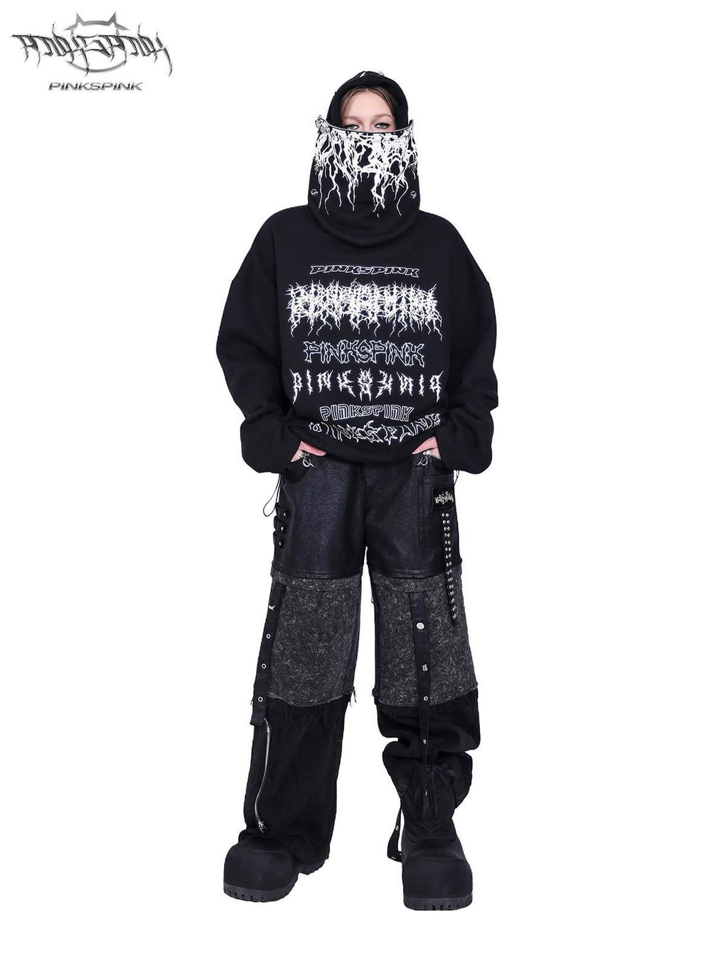 PINKSPINK Black Deconstructed Mask Hooded Letter Print Boxy Loose Women's Sweatshirts