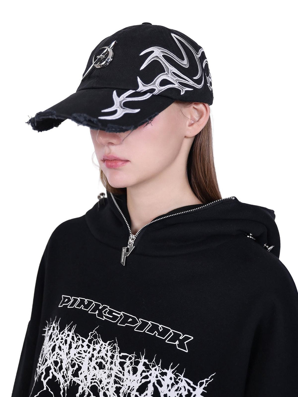 PINKSPINK Black Deconstructed Mask Hooded Letter Print Boxy Loose Women's Sweatshirts