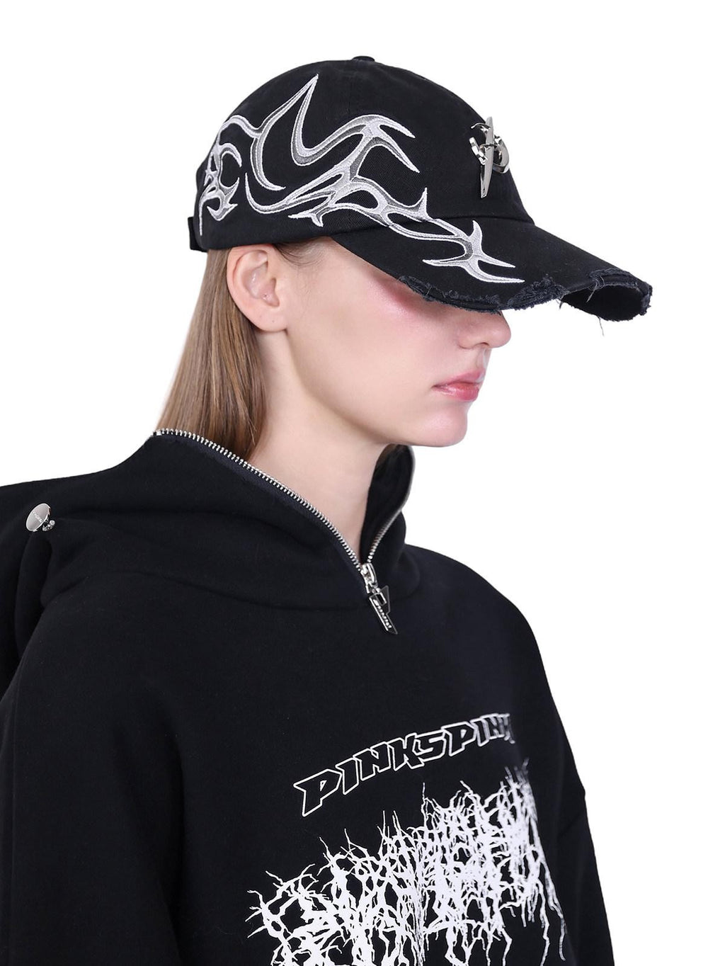 PINKSPINK Black Deconstructed Mask Hooded Letter Print Boxy Loose Women's Sweatshirts