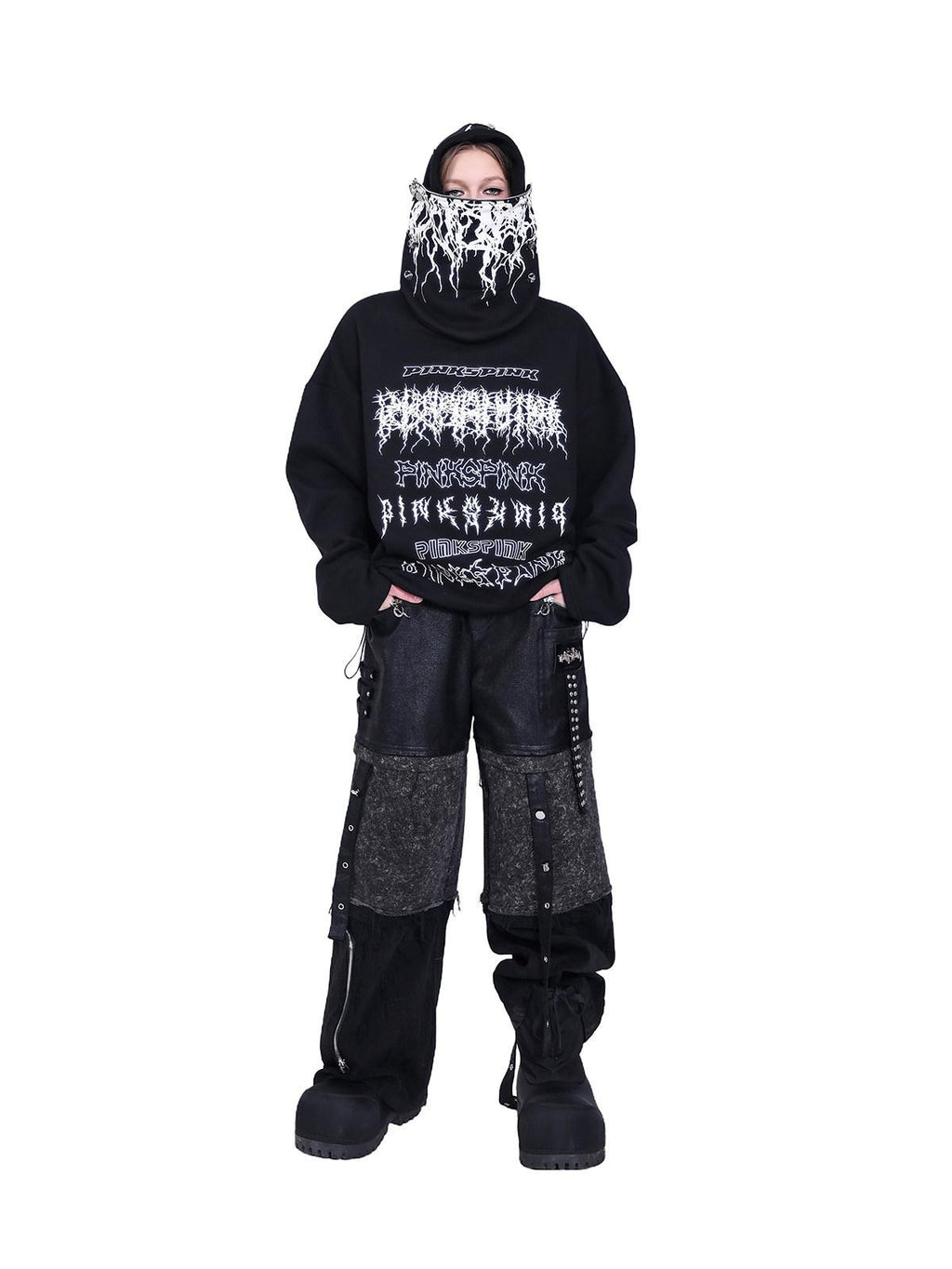 PINKSPINK Black Deconstructed Mask Hooded Letter Print Boxy Loose Women's Sweatshirts