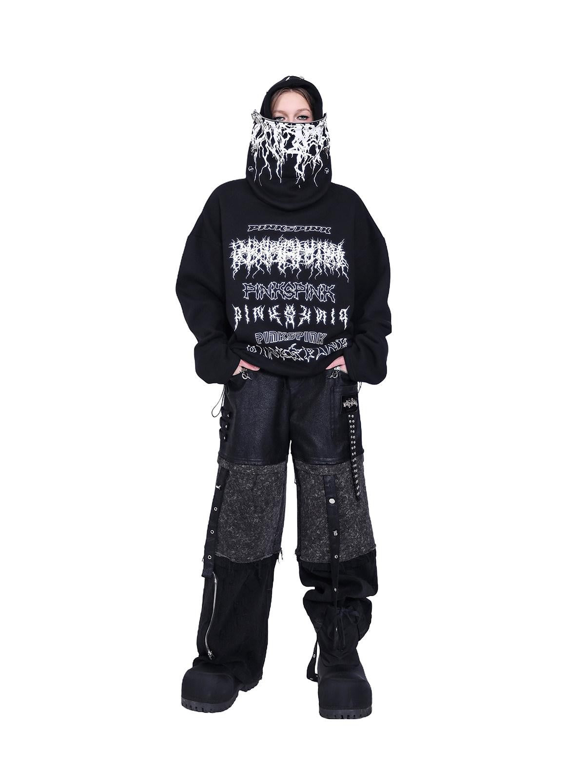 PINKSPINK Black Deconstructed Mask Hooded Letter Print Boxy Loose Women's Sweatshirts