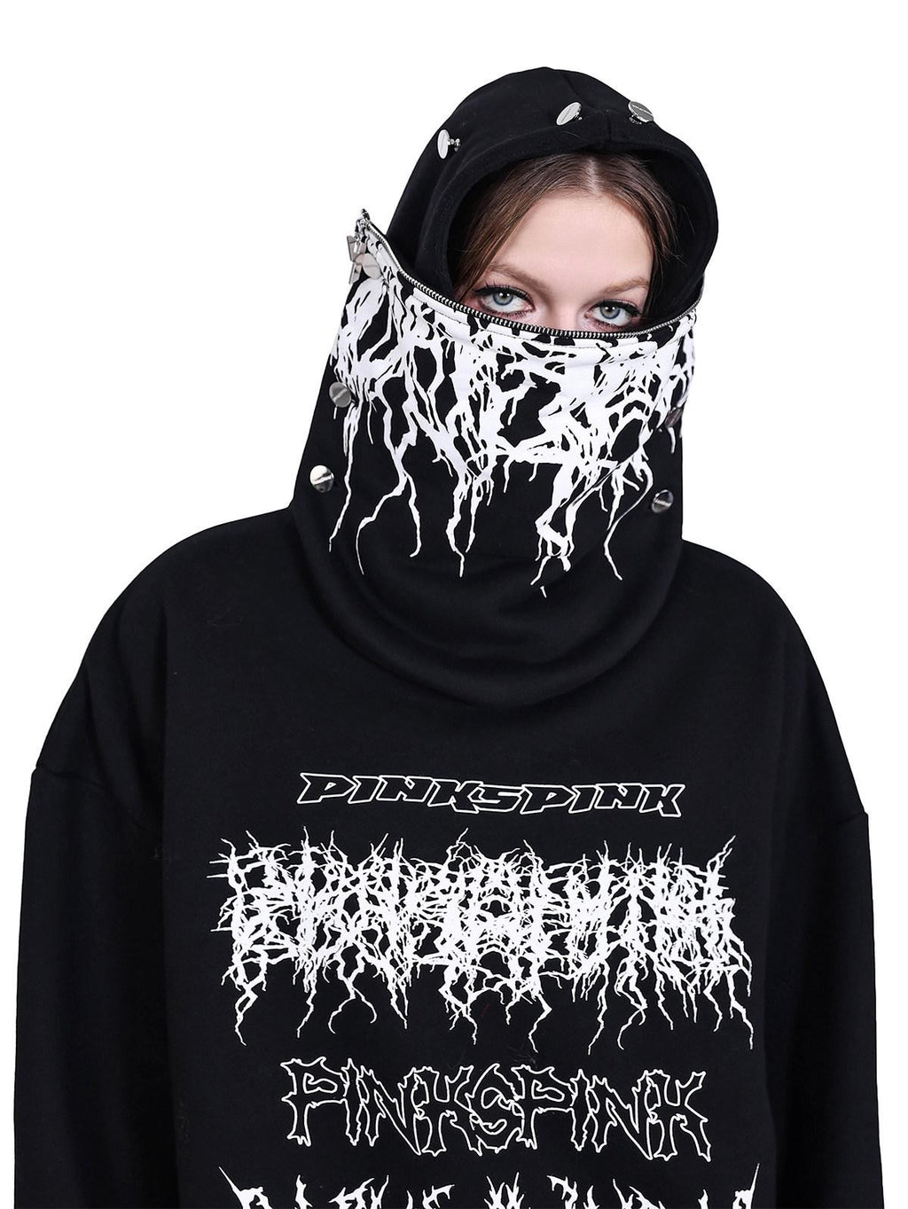 PINKSPINK Black Deconstructed Mask Hooded Letter Print Boxy Loose Women's Sweatshirts
