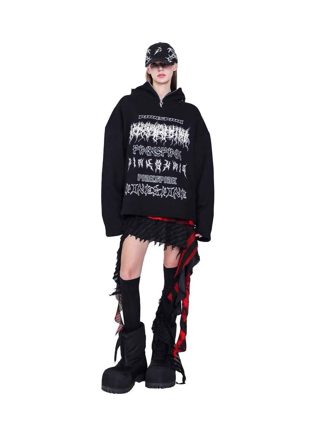 PINKSPINK Black Deconstructed Mask Hooded Letter Print Boxy Loose Women's Sweatshirts