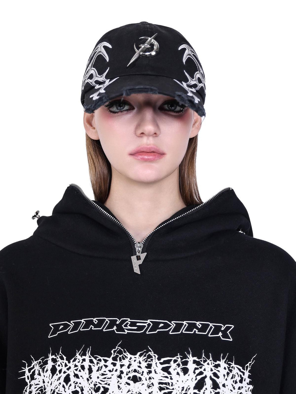 PINKSPINK Black Deconstructed Mask Hooded Letter Print Boxy Loose Women's Sweatshirts