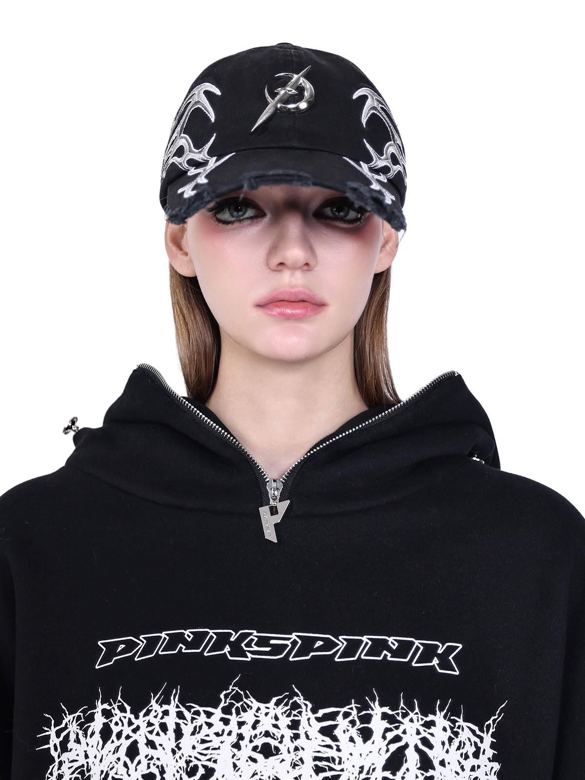 PINKSPINK Black Deconstructed Mask Hooded Letter Print Boxy Loose Women's Sweatshirts