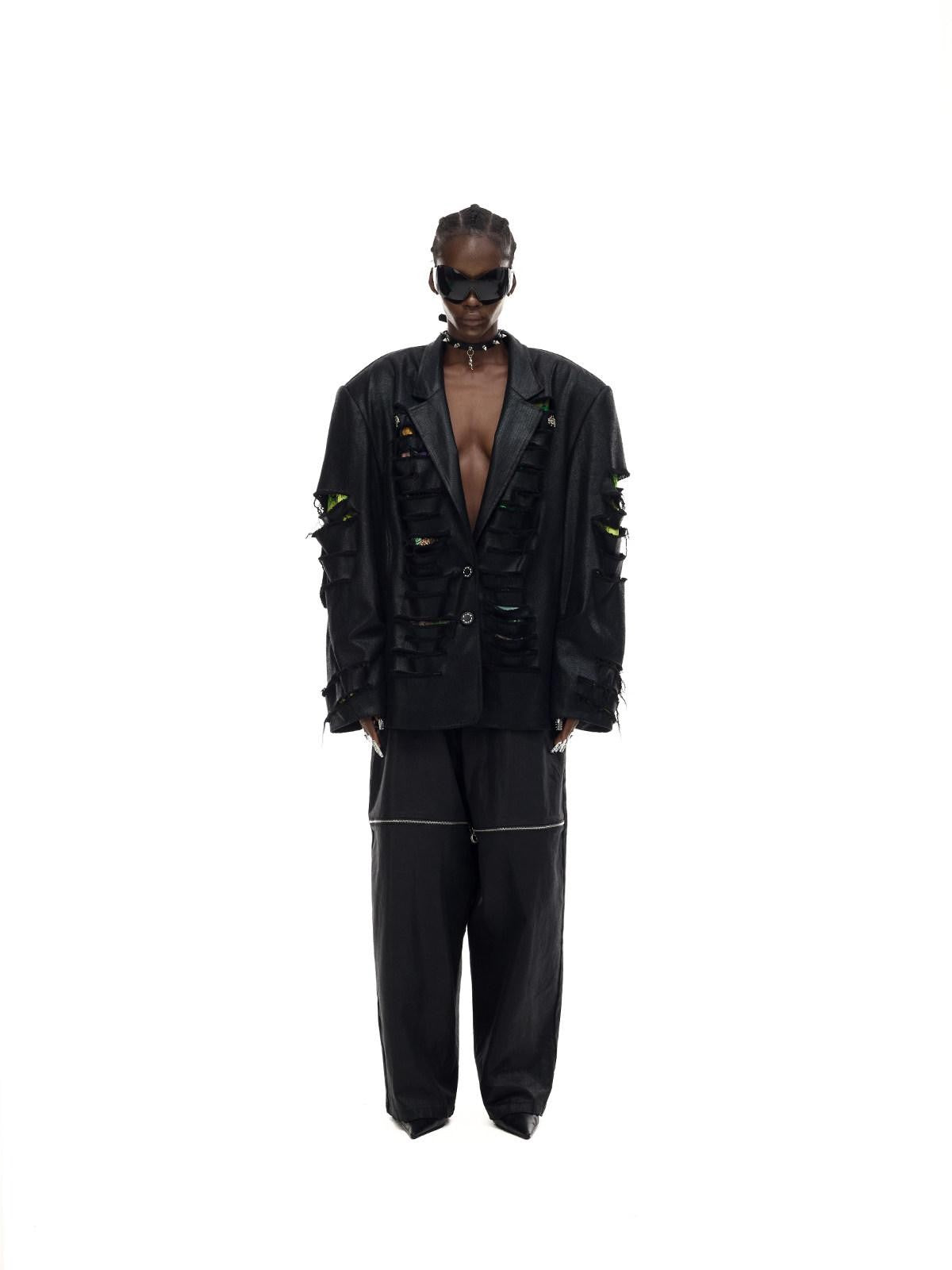 PINKSPINK Black Deconstructed Padded 3d Effect Loose Original Design Women's Cotton Blazers