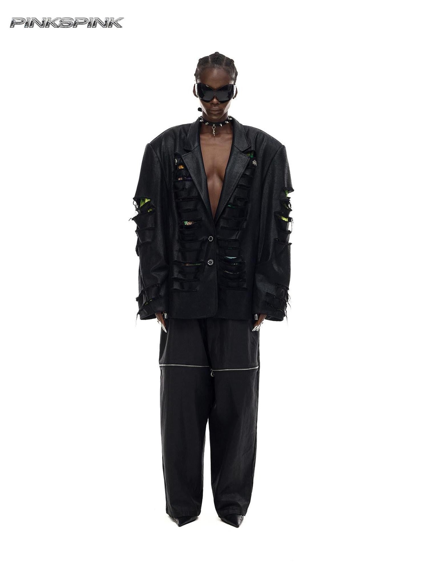 PINKSPINK Black Deconstructed Padded 3d Effect Loose Original Design Women's Cotton Blazers